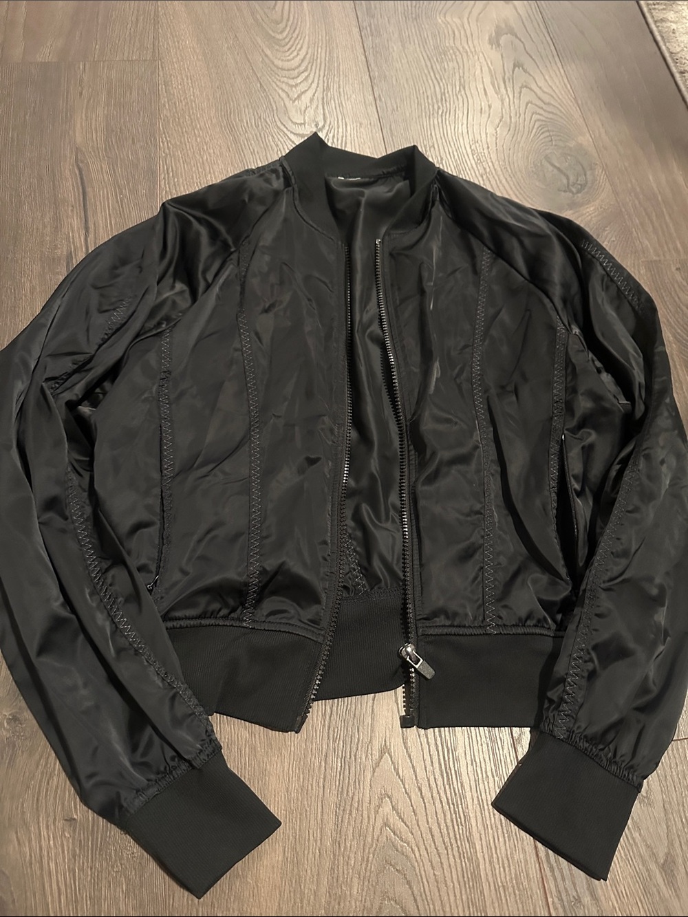 Black Satin Bomber Jacket - Lightweight Zip Front